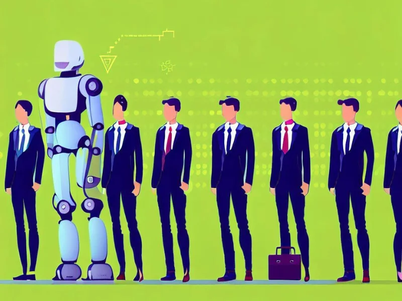 Robot waiting in line with business professionals