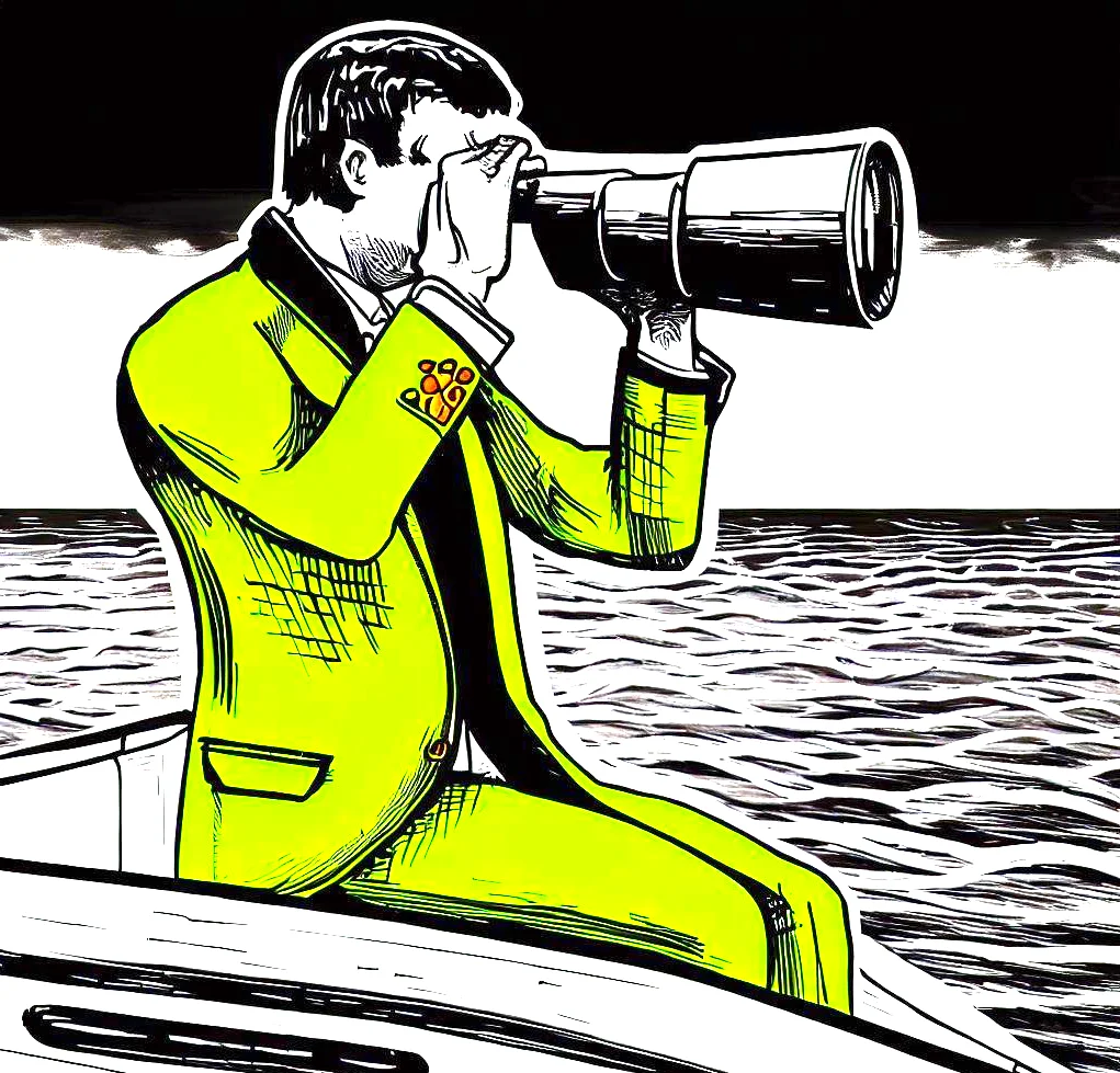 Man looking into a monocular while sitting in a boat